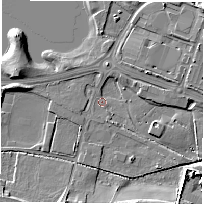 Shaded relief map of the ground around S637DG, computed from Environment Agency LiDAR. The ground here sits at about 18 m above sea level and falls 11 m across the surrounding 800 m. Surface water reaching this point runs off ground lying to the east, 5.7 m higher.