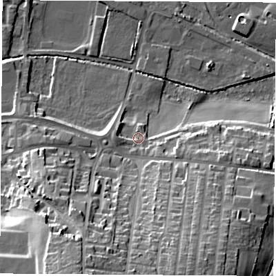 Shaded relief map of the ground around S637DH, computed from Environment Agency LiDAR. The ground here sits at about 24 m above sea level and falls 37 m across the surrounding 800 m. Surface water reaching this point runs off ground lying to the south-south-west, 30.2 m higher.