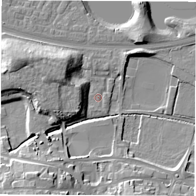 Shaded relief map of the ground around S637DJ, computed from Environment Agency LiDAR. The ground here sits at about 19 m above sea level and falls 25 m across the surrounding 800 m. Surface water reaching this point runs off ground lying to the west-north-west, 13.7 m higher.