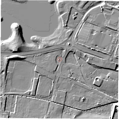 Shaded relief map of the ground around S637DQ, computed from Environment Agency LiDAR. The ground here sits at about 18 m above sea level and falls 9 m across the surrounding 800 m. Surface water reaching this point runs off ground lying to the west, 9.0 m higher.