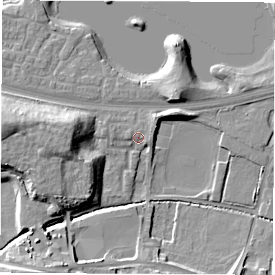 Shaded relief map of the ground around S637EG, computed from Environment Agency LiDAR. The ground here sits at about 20 m above sea level and falls 18 m across the surrounding 800 m. Surface water reaching this point runs off ground lying to the east, 2.2 m higher.