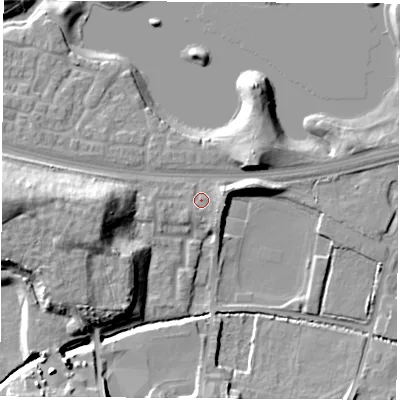 Shaded relief map of the ground around S637EH, computed from Environment Agency LiDAR. The ground here sits at about 20 m above sea level and falls 18 m across the surrounding 800 m. Surface water reaching this point runs off ground lying to the east, 2.0 m higher.