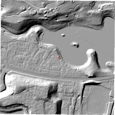 Shaded relief map of the ground around S637FF, computed from Environment Agency LiDAR. The ground here sits at about 20 m above sea level and falls 18 m across the surrounding 800 m. Surface water reaching this point runs off ground lying to the south-west, 2.5 m higher.