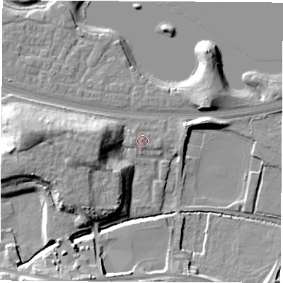 Shaded relief map of the ground around S637FL, computed from Environment Agency LiDAR. The ground here sits at about 21 m above sea level and falls 18 m across the surrounding 800 m. Surface water reaching this point runs off ground lying to the north-north-west, 0.8 m higher.