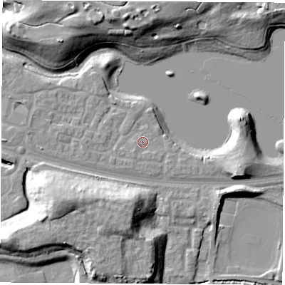 Shaded relief map of the ground around S637FQ, computed from Environment Agency LiDAR. The ground here sits at about 20 m above sea level and falls 18 m across the surrounding 800 m. Surface water reaching this point runs off ground lying to the south, 0.9 m higher.