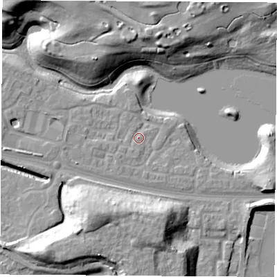 Shaded relief map of the ground around S637FX, computed from Environment Agency LiDAR. The ground here sits at about 20 m above sea level and falls 18 m across the surrounding 800 m. Surface water reaching this point runs off ground lying to the south-west, 2.1 m higher.
