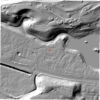 Shaded relief map of the ground around S637GD, computed from Environment Agency LiDAR. The ground here sits at about 20 m above sea level and falls 18 m across the surrounding 800 m. Surface water reaching this point runs off ground lying to the south-south-west, 3.1 m higher.