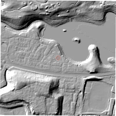 Shaded relief map of the ground around S637GP, computed from Environment Agency LiDAR. The ground here sits at about 20 m above sea level and falls 18 m across the surrounding 800 m. Surface water reaching this point runs off ground lying to the west-south-west, 1.9 m higher.
