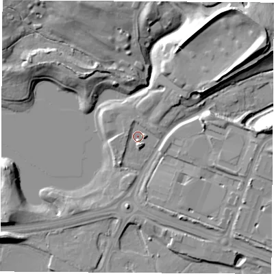 Shaded relief map of the ground around S637GQ, computed from Environment Agency LiDAR. The ground here sits at about 19 m above sea level and falls 19 m across the surrounding 800 m. Surface water reaching this point runs off ground lying to the south, 3.3 m higher.