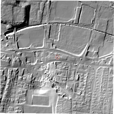 Shaded relief map of the ground around S637PX, computed from Environment Agency LiDAR. The ground here sits at about 28 m above sea level and falls 36 m across the surrounding 800 m. Surface water reaching this point runs off ground lying to the south-south-west, 2.7 m higher.