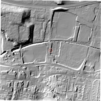 Shaded relief map of the ground around S637RS, computed from Environment Agency LiDAR. The ground here sits at about 21 m above sea level and falls 31 m across the surrounding 800 m. Surface water reaching this point runs off ground lying to the south, 5.1 m higher.