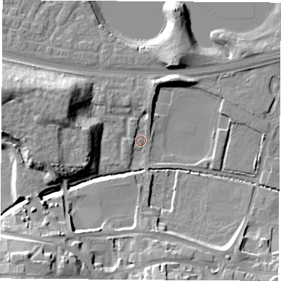 Shaded relief map of the ground around S637RW, computed from Environment Agency LiDAR. The ground here sits at about 18 m above sea level and falls 24 m across the surrounding 800 m. Surface water reaching this point runs off ground lying to the south-west, 23.3 m higher.