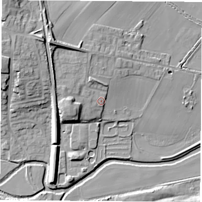 Shaded relief map of the ground around S638FP, computed from Environment Agency LiDAR. The ground here sits at about 22 m above sea level and falls 25 m across the surrounding 800 m. Surface water reaching this point runs off ground lying to the west-south-west, 5.2 m higher.