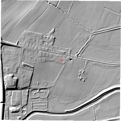 Shaded relief map of the ground around S638GX, computed from Environment Agency LiDAR. The ground here sits at about 18 m above sea level and falls 22 m across the surrounding 800 m. Surface water reaching this point runs off ground lying to the west, 4.5 m higher.