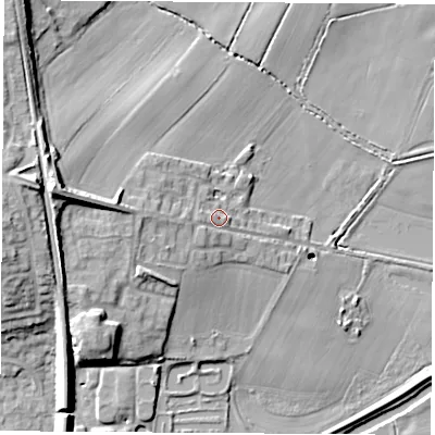 Shaded relief map of the ground around S638JD, computed from Environment Agency LiDAR. The ground here sits at about 20 m above sea level and falls 23 m across the surrounding 800 m. Surface water reaching this point runs off ground lying to the west, 12.4 m higher.