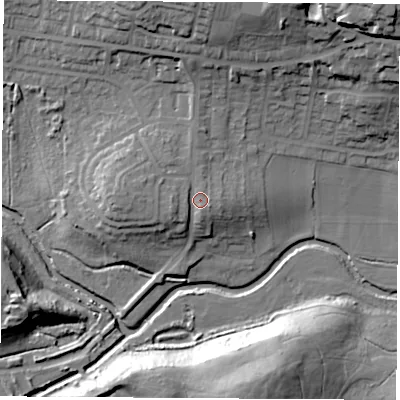 Shaded relief map of the ground around S638JT, computed from Environment Agency LiDAR. The ground here sits at about 25 m above sea level and falls 30 m across the surrounding 800 m. Surface water reaching this point runs off ground lying to the west, 3.9 m higher.