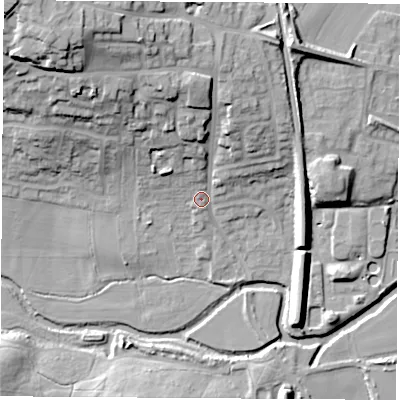 Shaded relief map of the ground around S638LT, computed from Environment Agency LiDAR. The ground here sits at about 21 m above sea level and falls 32 m across the surrounding 800 m. Surface water reaching this point runs off ground lying to the north-north-west, 19.9 m higher.