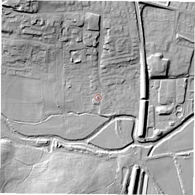 Shaded relief map of the ground around S638LU, computed from Environment Agency LiDAR. The ground here sits at about 18 m above sea level and falls 30 m across the surrounding 800 m. Surface water reaching this point runs off ground lying to the north, 2.8 m higher.