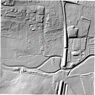 Shaded relief map of the ground around S638LX, computed from Environment Agency LiDAR. The ground here sits at about 18 m above sea level and falls 30 m across the surrounding 800 m. Surface water reaching this point runs off ground lying to the north-north-west, 20.0 m higher.