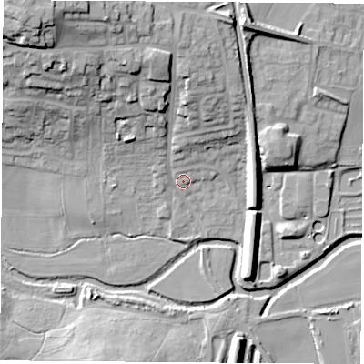 Shaded relief map of the ground around S638LY, computed from Environment Agency LiDAR. The ground here sits at about 19 m above sea level and falls 31 m across the surrounding 800 m. Surface water reaching this point runs off ground lying to the north-north-west, 21.0 m higher.