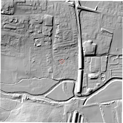 Shaded relief map of the ground around S638LZ, computed from Environment Agency LiDAR. The ground here sits at about 18 m above sea level and falls 31 m across the surrounding 800 m. Surface water reaching this point runs off ground lying to the north-west, 2.5 m higher.