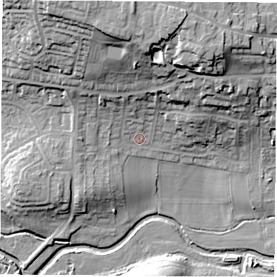Shaded relief map of the ground around S638NE, computed from Environment Agency LiDAR. The ground here sits at about 21 m above sea level and falls 31 m across the surrounding 800 m. Surface water reaching this point runs off ground lying to the north-north-east, 25.0 m higher.