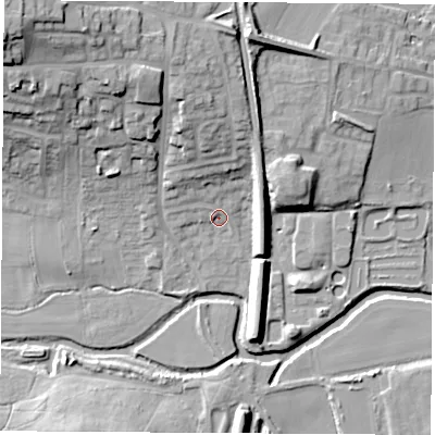 Shaded relief map of the ground around S638NF, computed from Environment Agency LiDAR. The ground here sits at about 18 m above sea level and falls 31 m across the surrounding 800 m. Surface water reaching this point runs off ground lying to the north-north-west, 13.1 m higher.