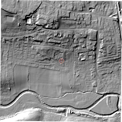Shaded relief map of the ground around S638NP, computed from Environment Agency LiDAR. The ground here sits at about 20 m above sea level and falls 31 m across the surrounding 800 m. Surface water reaching this point runs off ground lying to the north, 17.7 m higher.