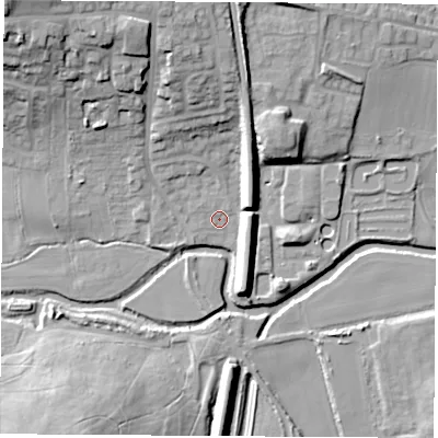 Shaded relief map of the ground around S638NX, computed from Environment Agency LiDAR. The ground here sits at about 17 m above sea level and falls 26 m across the surrounding 800 m. Surface water reaching this point runs off ground lying to the north-north-west, 15.7 m higher.