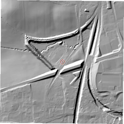 Shaded relief map of the ground around S639AT, computed from Environment Agency LiDAR. The ground here sits at about 37 m above sea level and falls 27 m across the surrounding 800 m. Surface water reaching this point runs off ground lying to the east, 14.2 m higher.