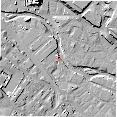 Shaded relief map of the ground around S63AA, computed from Environment Agency LiDAR. The ground here sits at about 50 m above sea level and falls 31 m across the surrounding 800 m. Surface water reaching this point runs off ground lying to the west-south-west, 19.5 m higher.