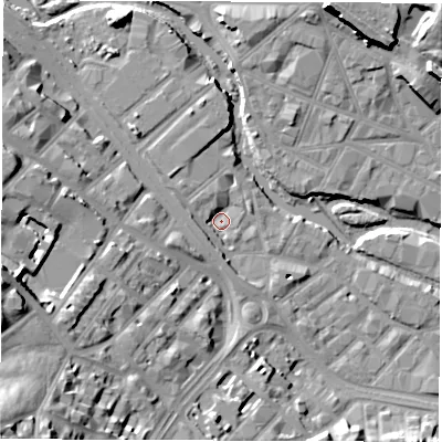 Shaded relief map of the ground around S63AE, computed from Environment Agency LiDAR. The ground here sits at about 50 m above sea level and falls 36 m across the surrounding 800 m. Surface water reaching this point runs off ground lying to the west-south-west, 6.0 m higher.