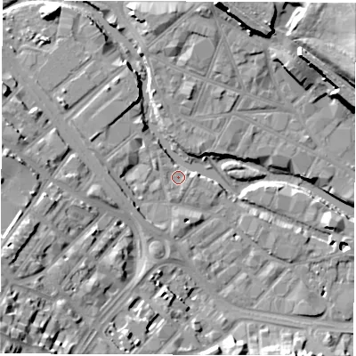 Shaded relief map of the ground around S63AF, computed from Environment Agency LiDAR. The ground here sits at about 50 m above sea level and falls 33 m across the surrounding 800 m. Surface water reaching this point runs off ground lying to the east-north-east, 0.8 m higher.