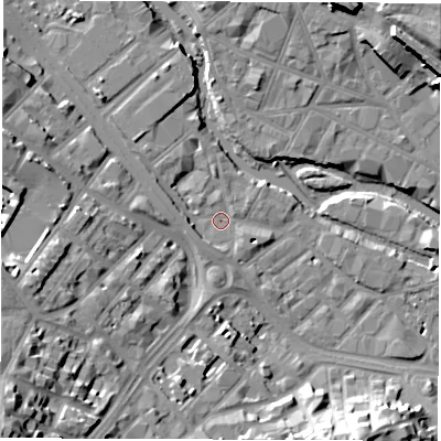 Shaded relief map of the ground around S63AP, computed from Environment Agency LiDAR. The ground here sits at about 50 m above sea level and falls 35 m across the surrounding 800 m. Surface water reaching this point runs off ground lying to the west, 6.7 m higher.