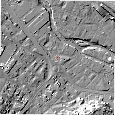 Shaded relief map of the ground around S63AR, computed from Environment Agency LiDAR. The ground here sits at about 51 m above sea level and falls 35 m across the surrounding 800 m. Surface water reaching this point runs off ground lying to the west-south-west, 4.7 m higher.