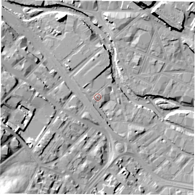 Shaded relief map of the ground around S63AW, computed from Environment Agency LiDAR. The ground here sits at about 52 m above sea level and falls 34 m across the surrounding 800 m. Surface water reaching this point runs off ground lying to the west-south-west, 22.9 m higher.