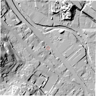 Shaded relief map of the ground around S63BN, computed from Environment Agency LiDAR. The ground here sits at about 53 m above sea level and falls 50 m across the surrounding 800 m. Surface water reaching this point runs off ground lying to the west, 5.9 m higher.