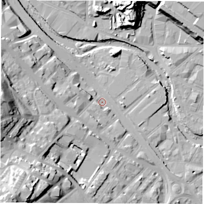 Shaded relief map of the ground around S63BS, computed from Environment Agency LiDAR. The ground here sits at about 53 m above sea level and falls 45 m across the surrounding 800 m. Surface water reaching this point runs off ground lying to the west-south-west, 6.3 m higher.