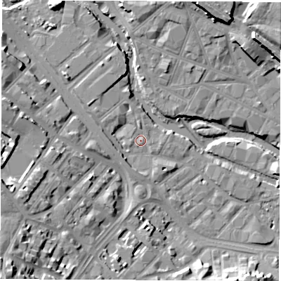 Shaded relief map of the ground around S63FB, computed from Environment Agency LiDAR. The ground here sits at about 50 m above sea level and falls 32 m across the surrounding 800 m. Surface water reaching this point runs off ground lying to the west, 6.7 m higher.