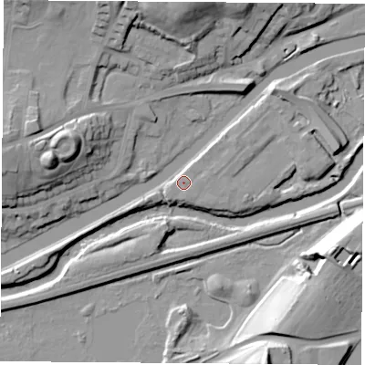Shaded relief map of the ground around S640AA, computed from Environment Agency LiDAR. The ground here sits at about 16 m above sea level and falls 25 m across the surrounding 800 m. Surface water reaching this point runs off ground lying to the north-north-east, 2.9 m higher.