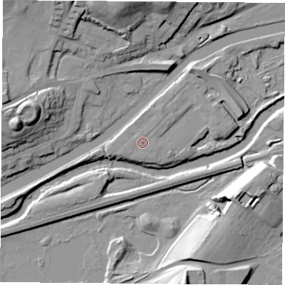 Shaded relief map of the ground around S640BX, computed from Environment Agency LiDAR. The ground here sits at about 17 m above sea level and falls 25 m across the surrounding 800 m. Surface water reaching this point runs off ground lying to the north-west, 0.6 m higher.