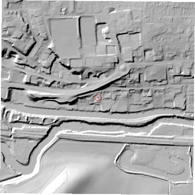 Shaded relief map of the ground around S640EL, computed from Environment Agency LiDAR. The ground here sits at about 22 m above sea level and falls 45 m across the surrounding 800 m. Surface water reaching this point runs off ground lying to the north-east, 14.5 m higher.