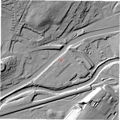 Shaded relief map of the ground around S640EP, computed from Environment Agency LiDAR. The ground here sits at about 16 m above sea level and falls 30 m across the surrounding 800 m. Surface water reaching this point runs off ground lying to the north-east, 0.8 m higher.