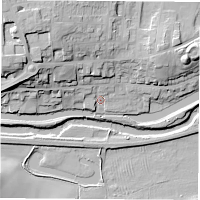 Shaded relief map of the ground around S640EU, computed from Environment Agency LiDAR. The ground here sits at about 18 m above sea level and falls 32 m across the surrounding 800 m. Surface water reaching this point runs off ground lying to the north-west, 14.7 m higher.