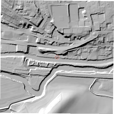 Shaded relief map of the ground around S640FA, computed from Environment Agency LiDAR. The ground here sits at about 17 m above sea level and falls 45 m across the surrounding 800 m. Surface water reaching this point runs off ground lying to the north-north-west, 40.4 m higher.