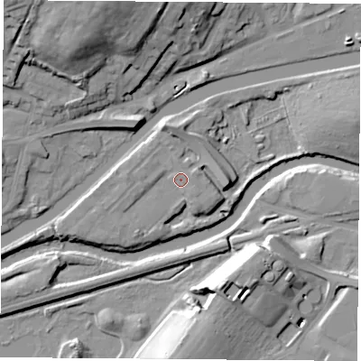 Shaded relief map of the ground around S640FD, computed from Environment Agency LiDAR. The ground here sits at about 17 m above sea level and falls 26 m across the surrounding 800 m. Surface water reaching this point runs off ground lying to the south-east, 2.1 m higher.