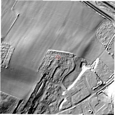 Shaded relief map of the ground around S640FG, computed from Environment Agency LiDAR. The ground here sits at about 19 m above sea level and falls 30 m across the surrounding 800 m. Surface water reaching this point runs off ground lying to the west-south-west, 11.6 m higher.