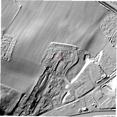 Shaded relief map of the ground around S640FH, computed from Environment Agency LiDAR. The ground here sits at about 20 m above sea level and falls 30 m across the surrounding 800 m. Surface water reaching this point runs off ground lying to the west-south-west, 4.3 m higher.