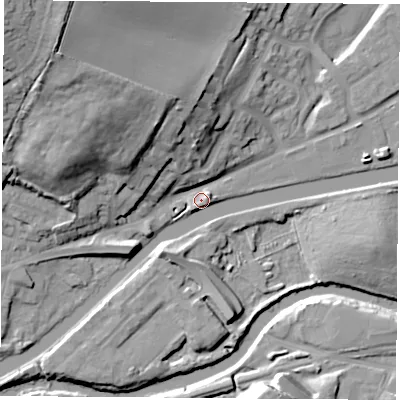 Shaded relief map of the ground around S640FL, computed from Environment Agency LiDAR. The ground here sits at about 15 m above sea level and falls 35 m across the surrounding 800 m. Surface water reaching this point runs off ground lying to the north-west, 28.5 m higher.