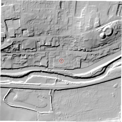Shaded relief map of the ground around S640HA, computed from Environment Agency LiDAR. The ground here sits at about 18 m above sea level and falls 32 m across the surrounding 800 m. Surface water reaching this point runs off ground lying to the north-west, 24.9 m higher.